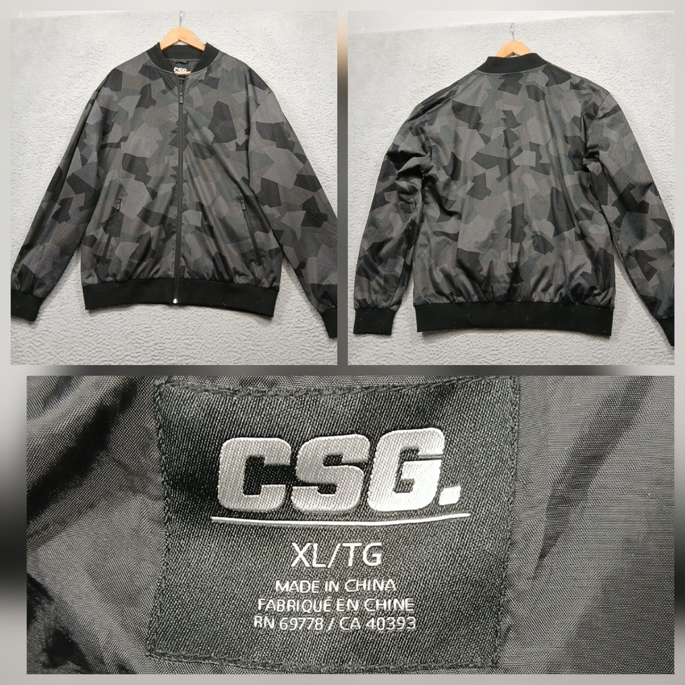 CSG Men's XL Black Gray Camo Bomber Jacket Zip Up Lightweight Casual Streetwear
